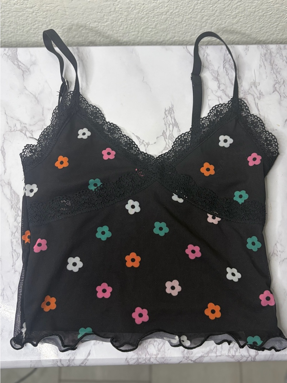 H&M Black Floral Lace-Trim Camisole with Multicolor Flowers